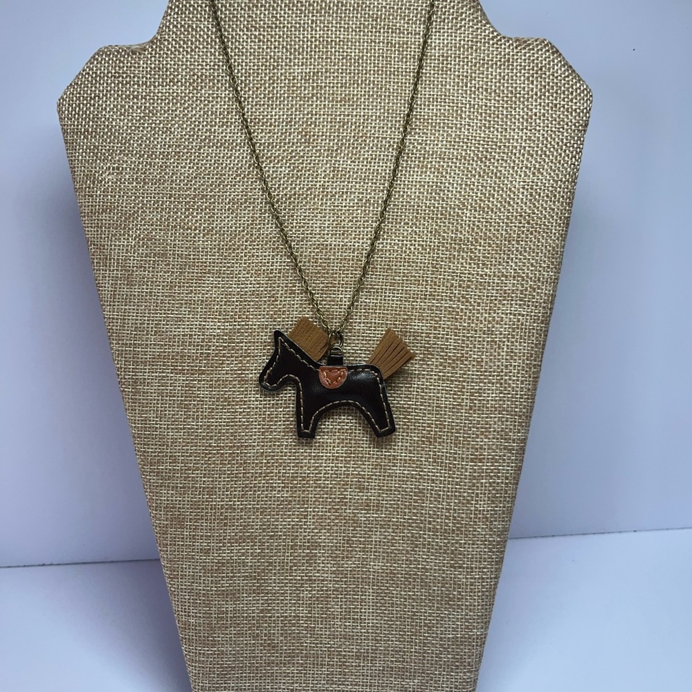 Rustic Unique Brown Faux Leather Western Horse Pendant on Antiqued Gold Necklace